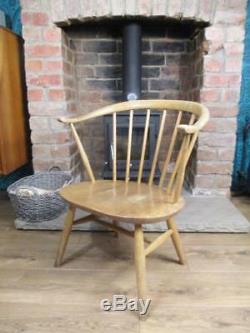 Vintage 60's Ercol Low Cowhorn Chair Fireside Blonde Elm & Beech Blue Label MCM