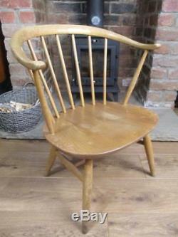 Vintage 60's Ercol Low Cowhorn Chair Fireside Blonde Elm & Beech Blue Label MCM