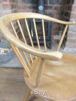 Vintage 60's Ercol Low Cowhorn Chair Fireside Blonde Elm & Beech Blue Label MCM