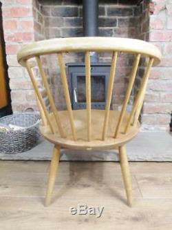 Vintage 60's Ercol Low Cowhorn Chair Fireside Blonde Elm & Beech Blue Label MCM