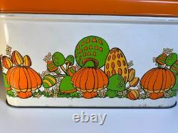 Vintage 70s Mushroom Tin Bread Box Bin Burnt Orange Green Retro Kitchen Storage