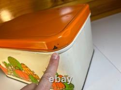Vintage 70s Mushroom Tin Bread Box Bin Burnt Orange Green Retro Kitchen Storage