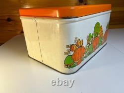 Vintage 70s Mushroom Tin Bread Box Bin Burnt Orange Green Retro Kitchen Storage