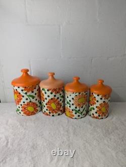 Vintage 70s Retro Lincoln Beautyware Tin Canister Set Daisy Polkadot Kitchen Set