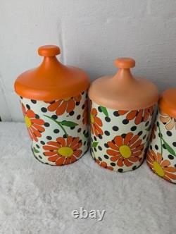 Vintage 70s Retro Lincoln Beautyware Tin Canister Set Daisy Polkadot Kitchen Set