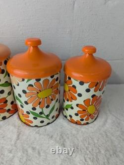 Vintage 70s Retro Lincoln Beautyware Tin Canister Set Daisy Polkadot Kitchen Set
