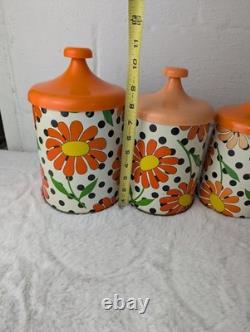 Vintage 70s Retro Lincoln Beautyware Tin Canister Set Daisy Polkadot Kitchen Set
