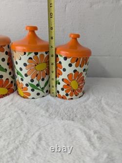 Vintage 70s Retro Lincoln Beautyware Tin Canister Set Daisy Polkadot Kitchen Set