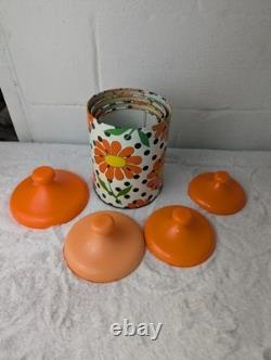 Vintage 70s Retro Lincoln Beautyware Tin Canister Set Daisy Polkadot Kitchen Set