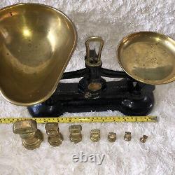 Vintage BLACK Kitchen Balance Retro Scales LIBRASCO LIBRA & 7 BRASS BELL Weights