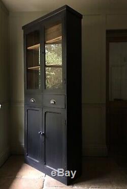 Vintage Black Painted Display Glazed School Cupboard Bookcase Cabinet