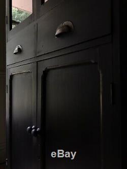 Vintage Black Painted Display Glazed School Cupboard Bookcase Cabinet