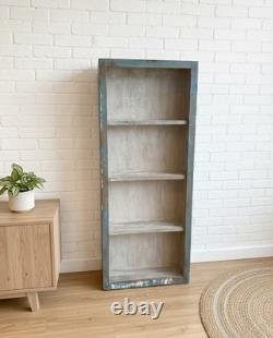 Vintage Blue Glass Display Cabinet 127cm Slim Tall Wood Wall Indian Cupboard