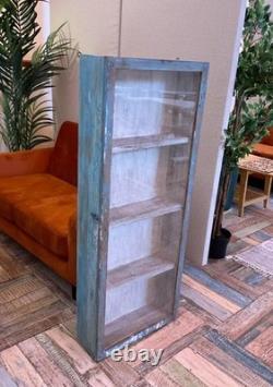 Vintage Blue Glass Display Cabinet 127cm Slim Tall Wood Wall Indian Cupboard