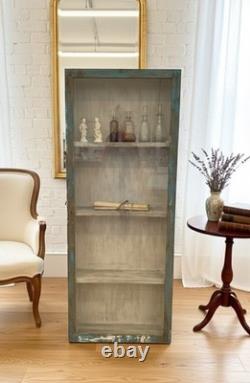 Vintage Blue Glass Display Cabinet 127cm Slim Tall Wood Wall Indian Cupboard