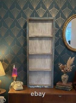 Vintage Blue Glass Display Cabinet 127cm Slim Tall Wood Wall Indian Cupboard