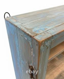 Vintage Blue Glass Display Cabinet 127cm Slim Tall Wood Wall Indian Cupboard
