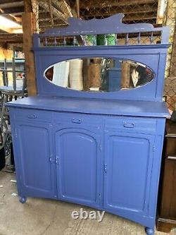 Vintage Blue Painted Wooden Chiffonier Sideboard with Mirror Cupboards & Drawers