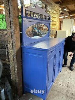 Vintage Blue Painted Wooden Chiffonier Sideboard with Mirror Cupboards & Drawers