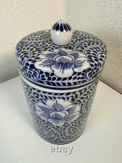Vintage Blue & White Porcelain Lidded Canister Chrysanthemum Design