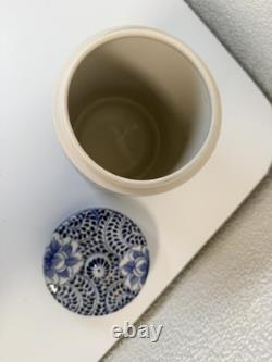 Vintage Blue & White Porcelain Lidded Canister Chrysanthemum Design