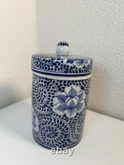 Vintage Blue & White Porcelain Lidded Canister Chrysanthemum Design