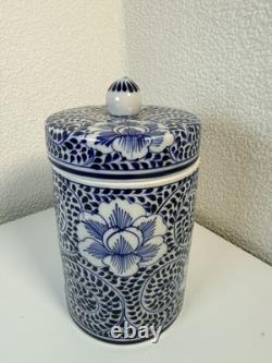Vintage Blue & White Porcelain Lidded Canister Chrysanthemum Design