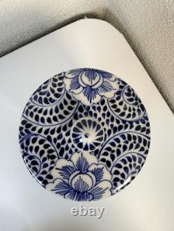 Vintage Blue & White Porcelain Lidded Canister Chrysanthemum Design