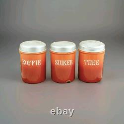 Vintage CANISTER SET Enamelware Coffee Sugar Tea Orange Flamed Dutch Enamel Jars