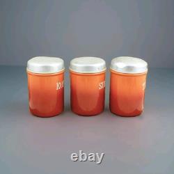 Vintage CANISTER SET Enamelware Coffee Sugar Tea Orange Flamed Dutch Enamel Jars