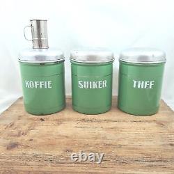 Vintage CANISTER SET Enamelware Coffee Sugar Tea Reseda green Enamel Jars