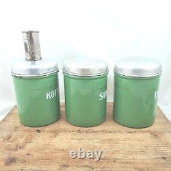 Vintage CANISTER SET Enamelware Coffee Sugar Tea Reseda green Enamel Jars