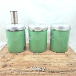 Vintage CANISTER SET Enamelware Coffee Sugar Tea Reseda green Enamel Jars