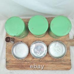 Vintage CANISTER SET Enamelware Coffee Sugar Tea Reseda green Enamel Jars