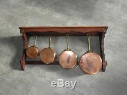 Vintage COPPER brass SET 4 SAUCEPANS PANS saute pots wooden display stand retro