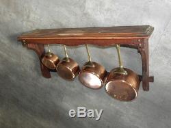 Vintage COPPER brass SET 4 SAUCEPANS PANS saute pots wooden display stand retro
