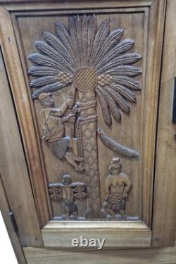 Vintage Carved Walnut Sideboard Filing Cabinet Hall Cupboard Locking Cabinet