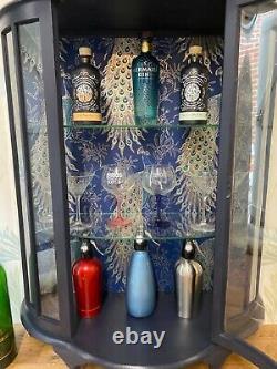 Vintage China Display Cabinet Gin Drinks Bar Navy Blue & Peacocks