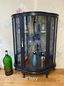 Vintage China Display Cabinet Gin Drinks Bar Navy Blue & Peacocks