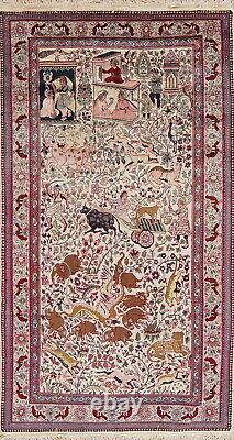 Vintage Collectible Animal Pictorial Agra Oriental Area Rug Hand-made Wool 4'x8