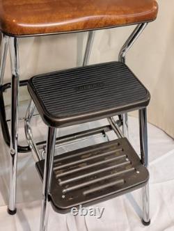 Vintage Cosco Step Stool Kitchen Stool Chrome Brown Mid Century Retro Sturdy