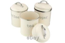 Vintage Cream Enamel Round Set of 3 Tea Coffee Sugar Storage Canister Tin Box