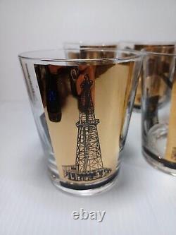 Vintage Culver Style Oil Rig Gold Glasses 22K Gold Refinery Dinosaur Glass Cups