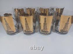 Vintage Culver Style Oil Rig Gold Glasses 22K Gold Refinery Dinosaur Glass Cups