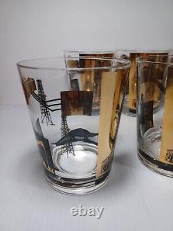 Vintage Culver Style Oil Rig Gold Glasses 22K Gold Refinery Dinosaur Glass Cups