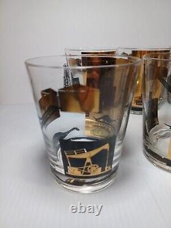 Vintage Culver Style Oil Rig Gold Glasses 22K Gold Refinery Dinosaur Glass Cups