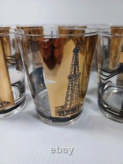 Vintage Culver Style Oil Rig Gold Glasses 22K Gold Refinery Dinosaur Glass Cups