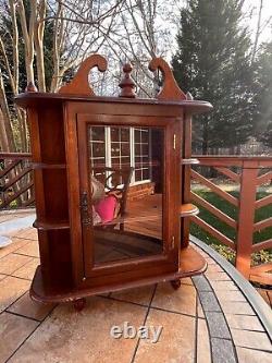 Vintage Curio Cabinet Wood 3 Shelves Glass Door Footed Tabletop Wall Hanging