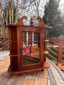 Vintage Curio Cabinet Wood 3 Shelves Glass Door Footed Tabletop Wall Hanging