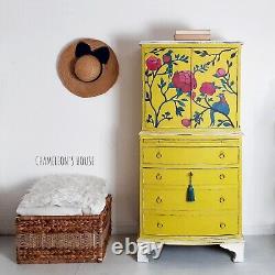 Vintage Drinks Cabinet. Hand Painted Yellow Floral Cupboard. Distressed